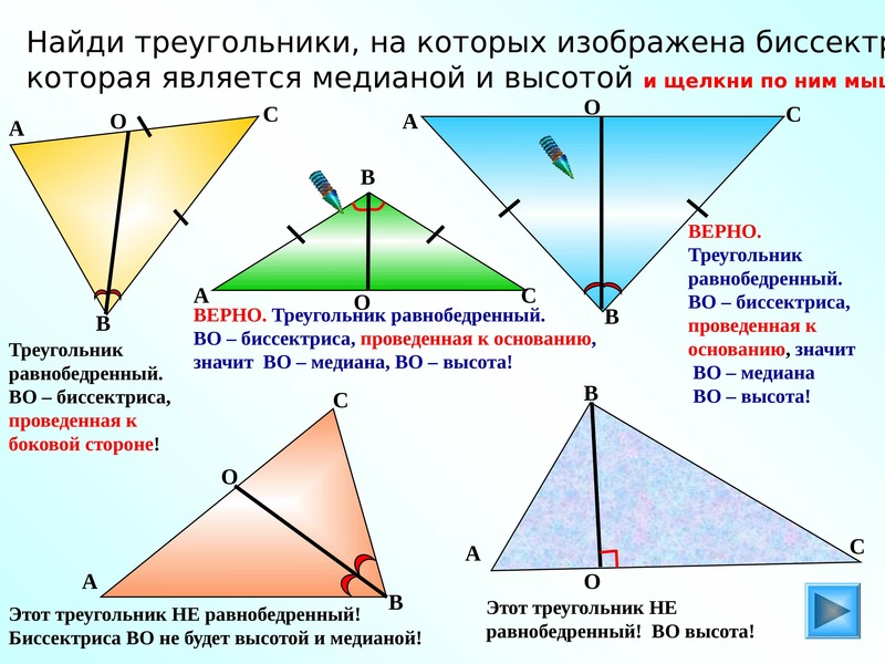 Любая биссектриса медиана. Равнобедренный треугольник Медиана биссектриса и высота. Свойство биссектрисы Медианы и высоты равнобедренного треугольника. Медиана и биссектриса в равнобедренном треугольнике. Свойства медиан биссектрис и высот треугольника.