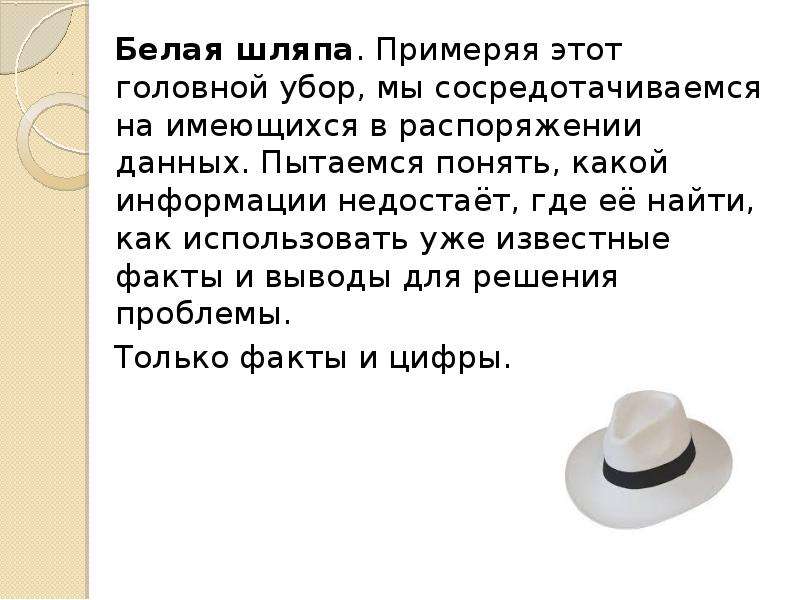 Шляпа мыслей для женщин. Метод шести шляп Эдварда де Боно. Белая шляпа де Боно. 6шляп мышления Эдуарда ДЭБОНО презентация белая шляпа.
