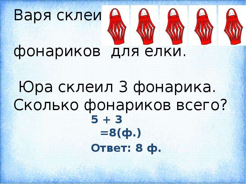 Сколько фонариков. Варя склеила 5 фонариков для елки. Варя склеила 5 фонариков для елки Юра склеил 3 фонарика сколько всего. Математика 1 класс задача Варя склеила 5 фонариков для ёлки. Задача про фонарики.