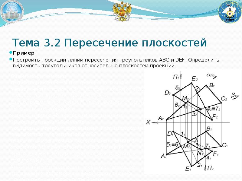 Линии проекции плоскости. Проекции линии пересечения плоскостей. Построение двух пересекающихся треугольников. Проекции линии пересечения двух плоскостей. Видимость плоскостей.