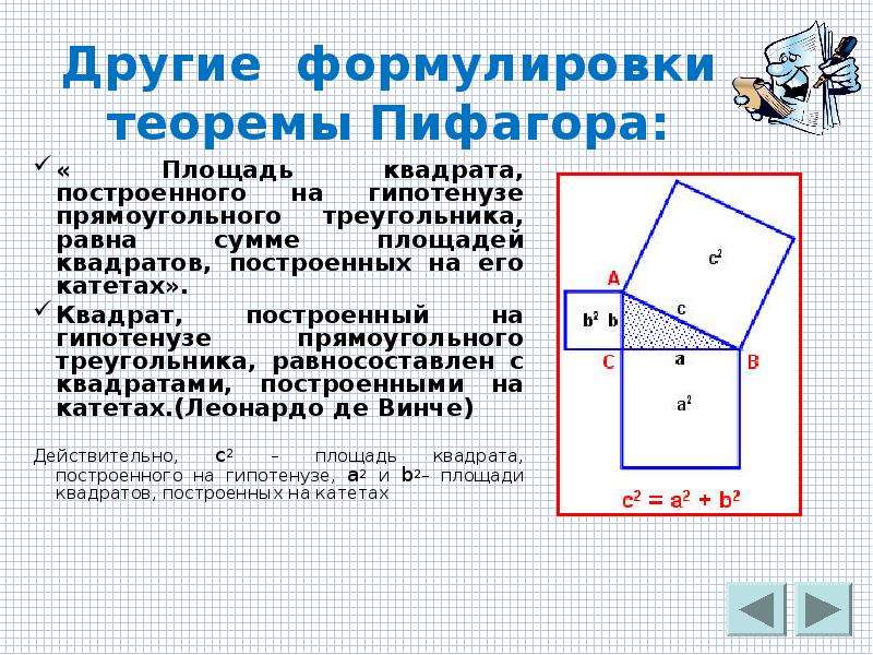 Найдите сумму площадей квадратов. Теорема Пифагора формулировка.