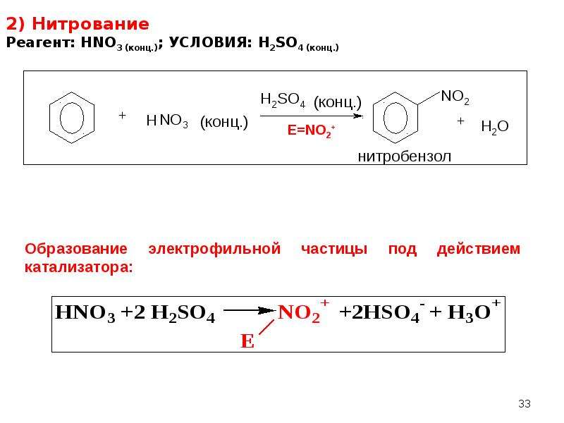 2) Нитрование Реагент: HNO3 (конц. ); УСЛОВИЯ: H2SO4 (конц. )
