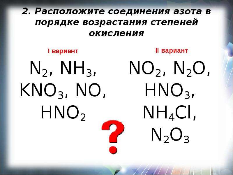 Схема: степени окисления соединение азота. Соединения азота с валентностью 3. Формулы соединений азота.