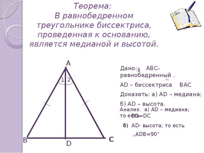 Ам биссектриса прямого равнобедренного треугольника. Биссектриса проведенная к основанию равнобедренного треугольника. Теорема равнобедренного треугольника. Теорема о высоте равнобедренного треугольника. В равнобедренном треугольнике Медиана является биссектрисой.