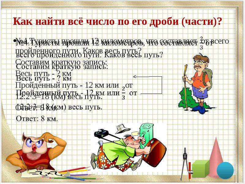 Каков путь. Задачи на нахождение числа по его дроби. Виды задач на дроби. Задачи на дробные части пути. Краткая запись задачи на дроби.