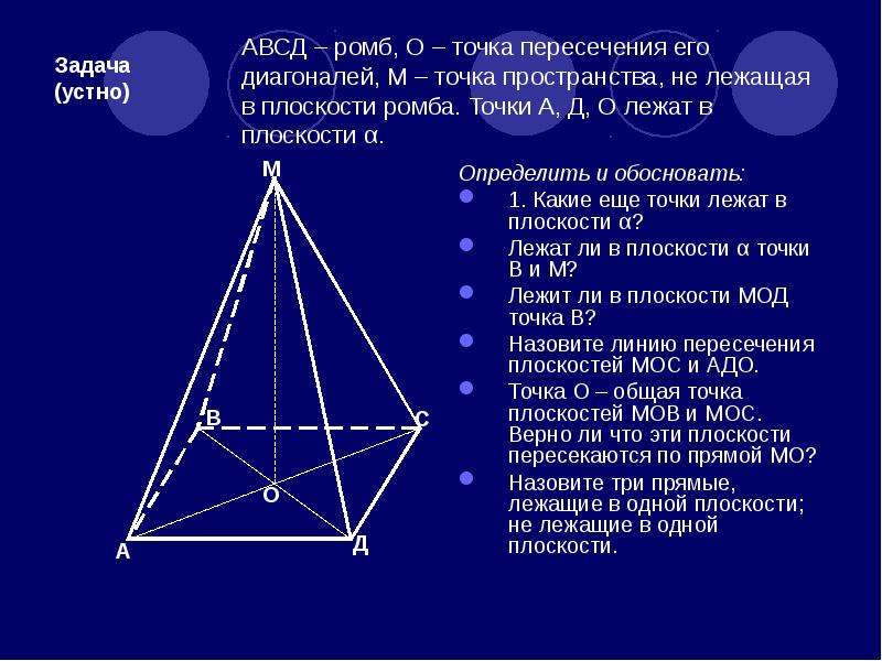 Через точку о пересечения диагоналей авсд. Ромб АВСД С точкой о пересечения. АВСД точка о пересечения диагоналей. Точка м не лежит в плоскости ромба. Ромб на плоскости.