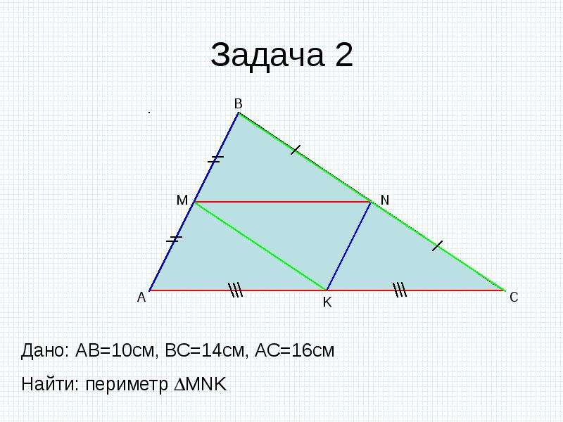 Используя рисунок найди периметр треугольника mnk если st средняя линия