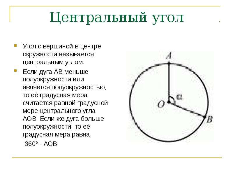 Градусная мера центрального угла окружности. Угол в центре окружности. Угол с вершиной в центре окружности называется центральным углом. Центральный угол угол с вершиной в центре окружности. Центральным углом окружности называется угол ….