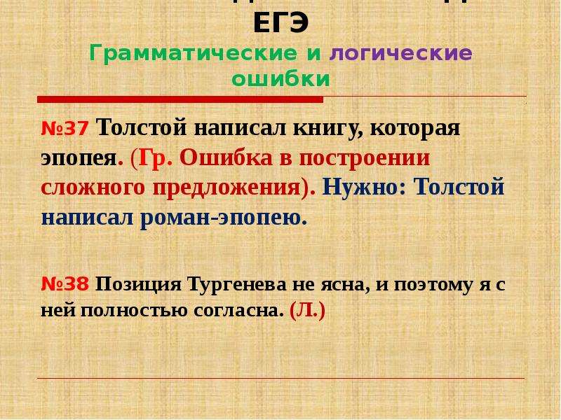 Работа над ошибками ДК ЕГЭ Грамматические и логические ошибки №37 Толстой написал книгу, которая эпо