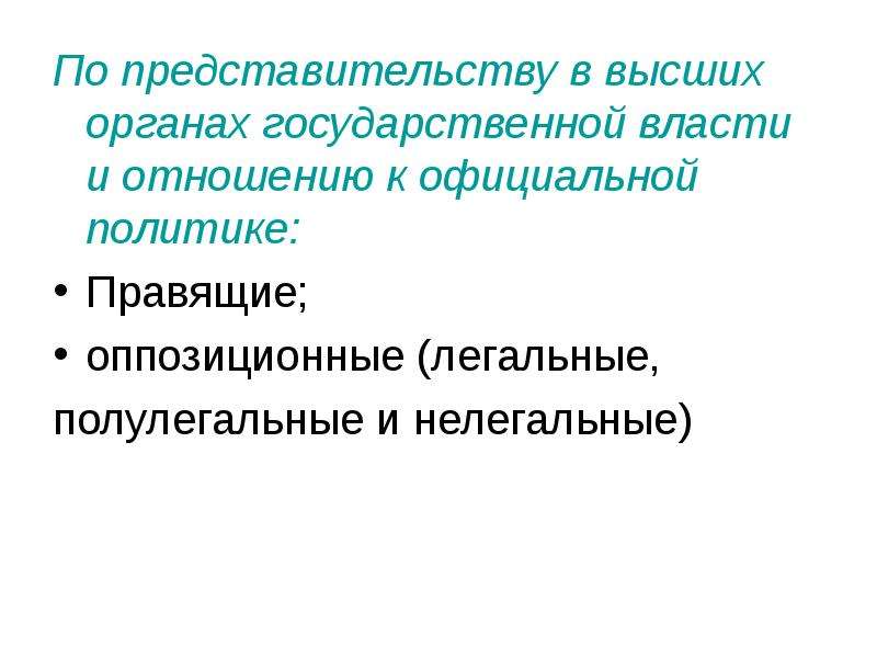 Правила политики. Оппозиционные полулегальное. По отношению к официальной политике. Полулегальные. По отношение политике правящие.