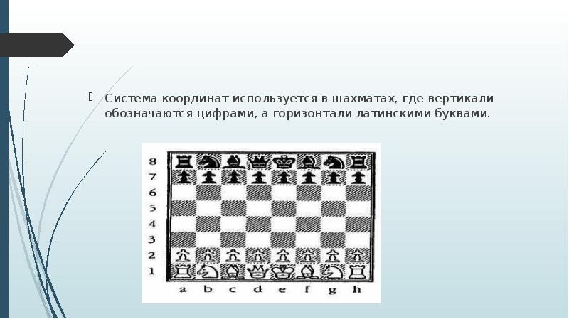 Система координат используется в шахматах, где вертикали обозначаются цифрами, а горизонтали латинск