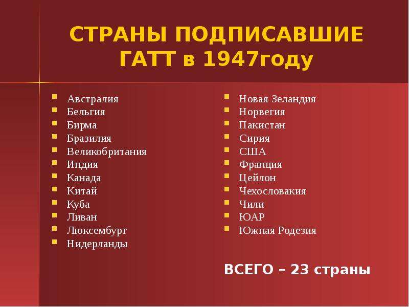 23 страны. ГАТТ страны. Структура ГАТТ. Организационная структура ГАТТ. ГАТТ страны участницы список.