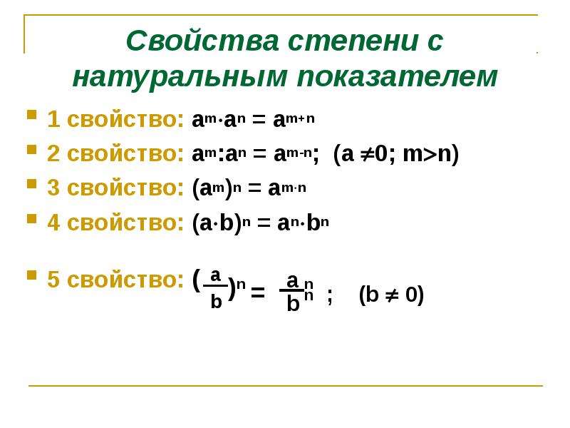 Свойства степени с натуральным показателем 7 класс. Свойства степени с натуральным показателем. Степень с натуральным показателем свойства степени. 5 Свойств степени. Все свойства степени с натуральным показателем.