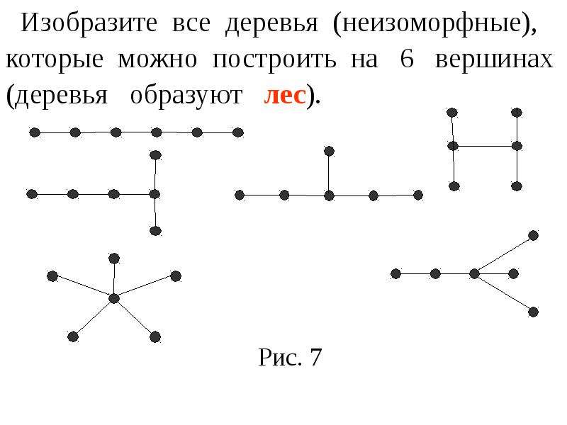 Три неодинаковых дерева с пятью вершинами. Неизоморфные деревья с 4 вершинами. Неизоморфные деревья с 5 вершинами. Неизоморфные деревья с 7 вершинами. Попарно неизоморфные деревья.