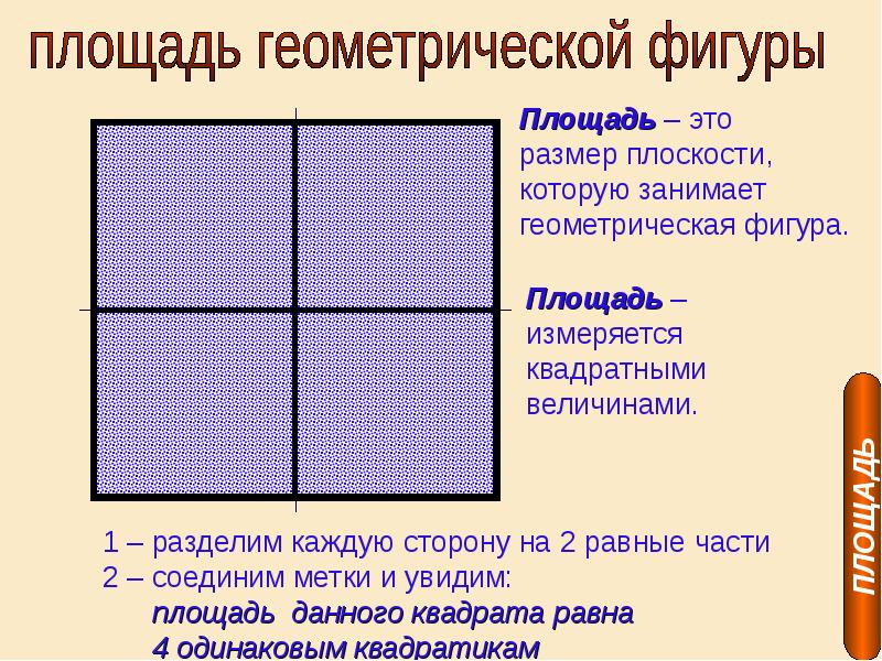 Располагаемая площадь это. Площадь. Площади фигур. Площади геометрических фигур на плоскости. Величины в квадрате.