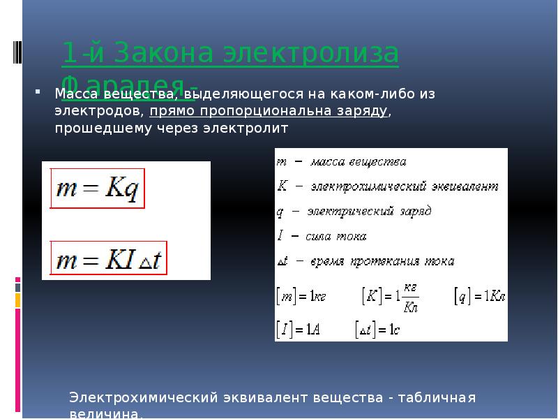 Электрохимические эквиваленты вещества выделяющиеся на катоде