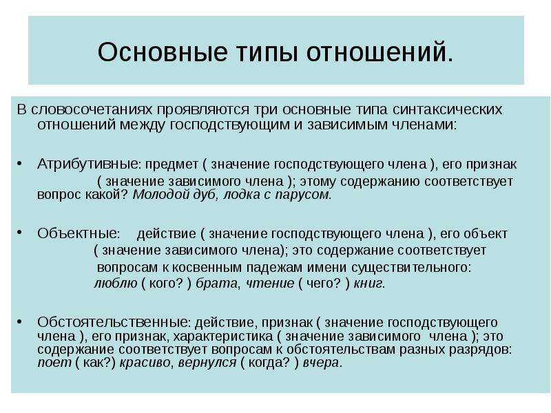 Словосочетание по составу. Типы синтаксических отношений в словосочетании. Характер синтаксических отношений в словосочетании. Атрибутивные отношения в словосочетаниях. Объектные синтаксические отношения в словосочетании.