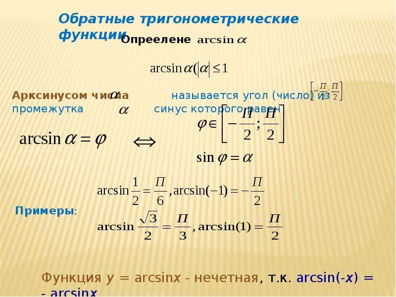 Обратные тригонометрические функции графики и свойства презентация