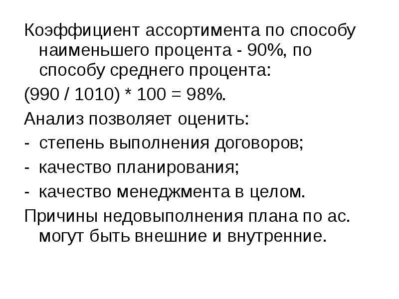 Способ наименьшего процента выполнения плана по ассортименту