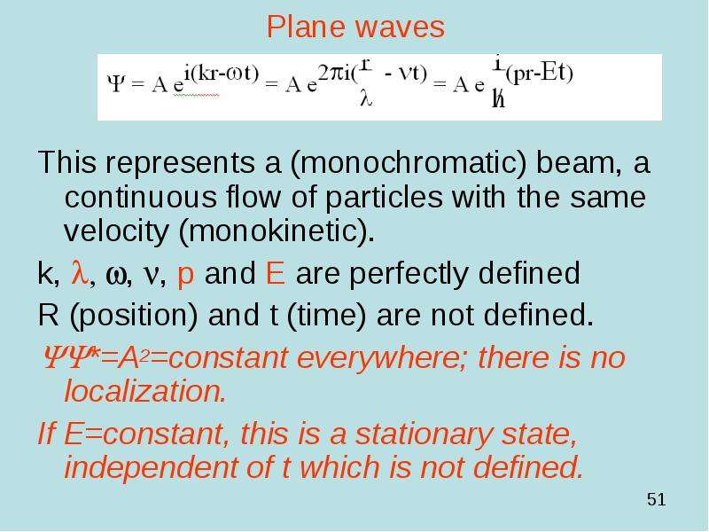 Plane waves This represents a (monochromatic) beam, a continuous flow of particles with the same vel