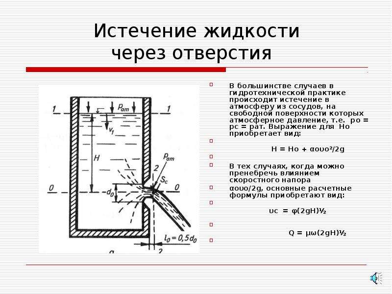 Истечение жидкости из отверстия. Скорость истечения жидкости через отверстие определяется по формуле. Истечение жидкости из отверстия Бернулли. Истечение жидкости через отверстия в тонкой стенке.