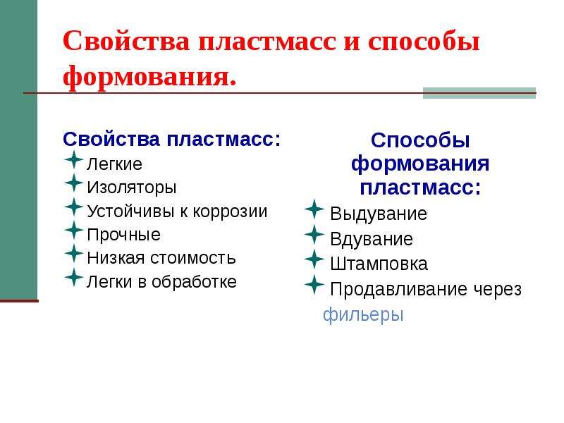 Характеристики пластика. Технология обработки пластмасс. Способы обработки пластмассы. Сравнение свойств из пластмасс. Выделите цветом методы обработки пластмасс..