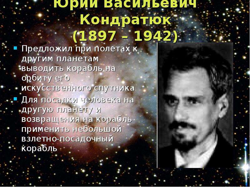 


Юрий Васильевич Кондратюк
(1897 – 1942)
Предложил при полетах к другим планетам выводить корабль на орбиту его искусственного спутника
Для посадки человека на другую планету и возвращения на корабль применить небольшой взлетно-посадочный корабль
