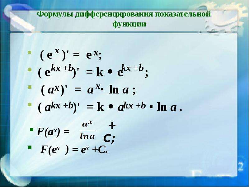 Производная степенной функции. Формула производной от показательной функции. Формула для нахождения производной показательной функции. Производная от показательно-степенной функции. Формулы производной показательной функции.