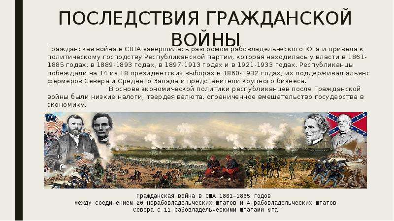 С кем воевала сша. Последствия гражданской войны в США 1861-1865. Итоги и последствия гражданской войны в США 1861-1865.