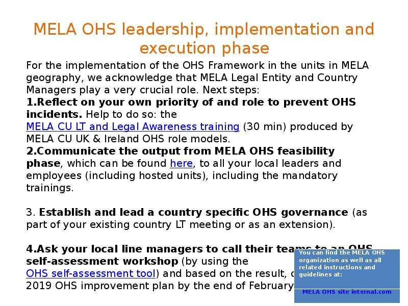 MELA OHS leadership, implementation and execution phase