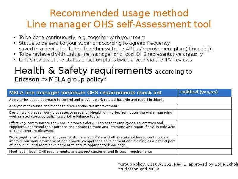 Recommended usage method Line manager OHS self-Assessment tool