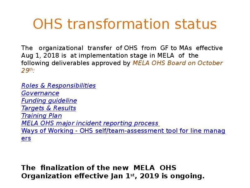 OHS transformation status