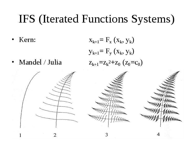 IFS (Iterated Functions Systems) Kern: xk+1= Fx (xk, yk) yk+1= Fy (xk, yk) Mandel / Julia zk+1=zk2+z