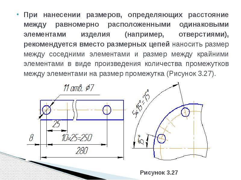 Одинаковая размерность. Простановка размеров отверстий. Нанесение размеров между равномерно расположенными отверстиями. Размеры между равномерно расположенными элементами. Простановка размеров между отверстиями.