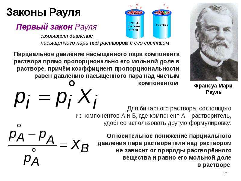 Первому раствор. Давление пара растворов 1 закон Рауля. Первый закон Рауля для бинарных растворов. Разбавленные растворы полимеров. Закон Рауля.. Закон Рауля физхимия.