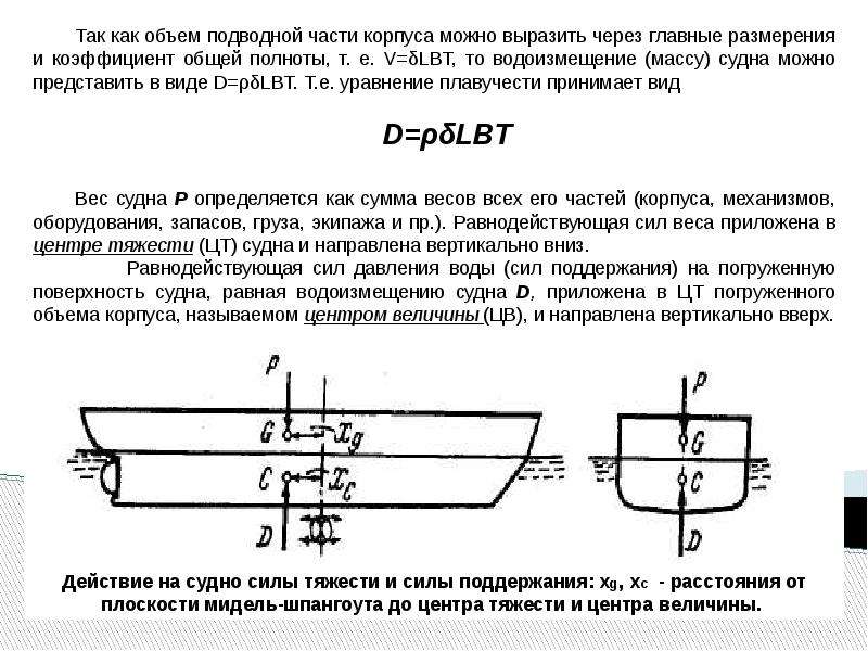 Водоизмещение судов. Формула расчета водоизмещения судна. Коэффициент полноты подводной части Мидель шпангоута. Главные размерения судна и коэффициенты полноты. Коэффициент полноты конструктивной ватерлинии.