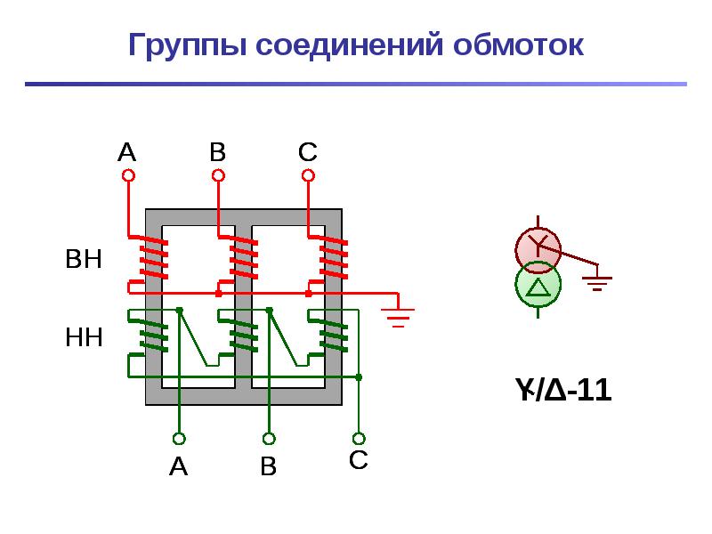 Схемы соединения обмоток трехфазных трансформаторов группы соединения