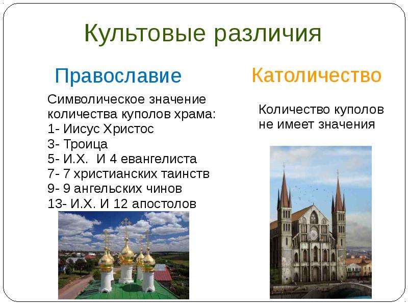 Чем отличается православие. Католическая и православная Церковь. Католический и православный храм. Католицизм культовые отличие. Храм православный и католический отличия.