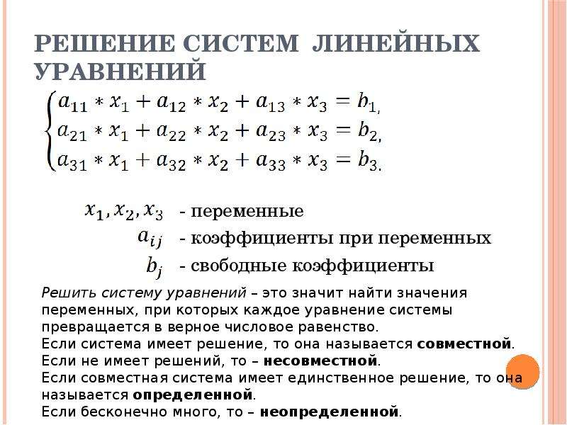 Уравнения с одной переменной 9 класс. Коэффициенты при переменных уравнений системы. Слау линейная Алгебра. Система уравнений линейная Алгебра. Системы линейных уравнений основные понятия.