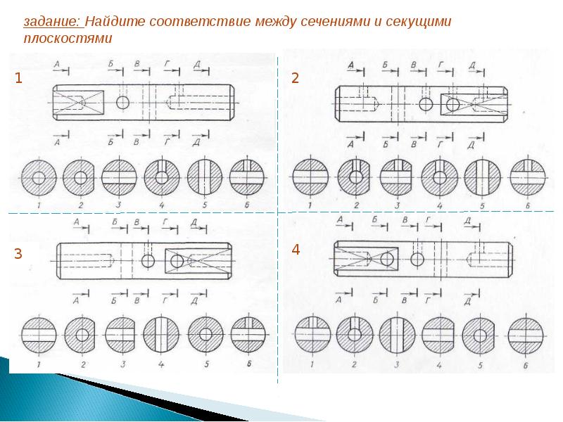 Найдите соответствия на рисунке. Карточки задания по черчению сечение. Задания для черчения 9 класс сечения. Сечение ответ на тест по черчению. Сечение черчение.