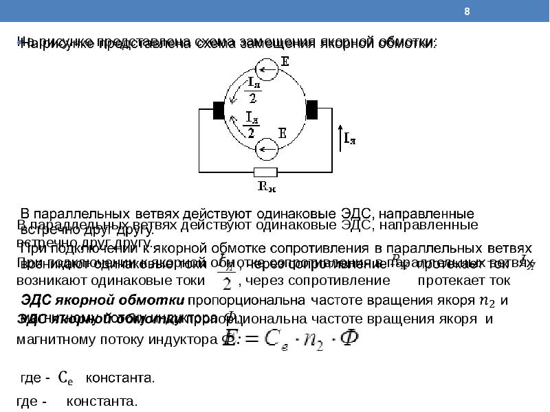 Эдс якоря двигателя постоянного тока. Схема замещения генератора постоянного тока. Обмотка якоря машины постоянного тока. ЭДС обмотки якоря машины постоянного тока формула.