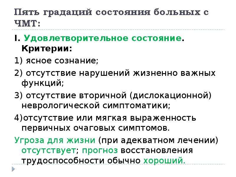 Удовлетворительное состояние больного. Градация состояний больного. Градации состояния при ЧМТ. Градации состояния больных с ЧМТ.. Заполните таблицу градации состояния больных с ЧМТ..