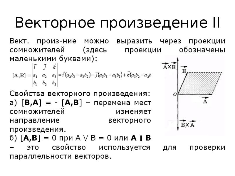 Смысл произведения векторов. Физический смысл векторного произведения. Геометрический смысл векторного произведения. Свойства векторного произведения векторов. Векторное произведение векторного произведения.