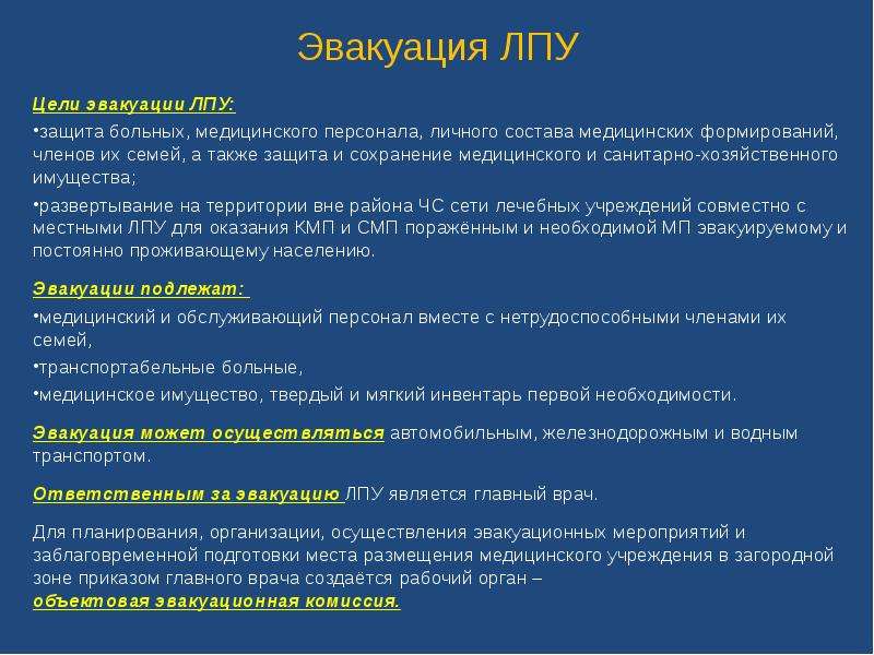 Эвакуация пациентов в чрезвычайных ситуациях из лпу презентация