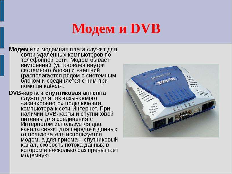 Модемы сообщение. Модем и DVB. Модем или модемная плата. Модем служит для. Внутренние и внешние модемы.