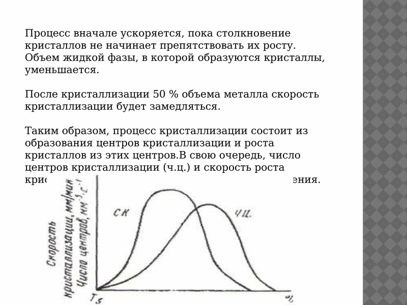 В начале процесса. Скорость роста кристаллов. Объем жидкой фазы. Скорость роста кристаллизации. Линейная скорость роста кристаллов.