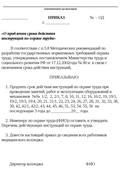 Приказ о введении новых инструкций по охране труда образец 2022