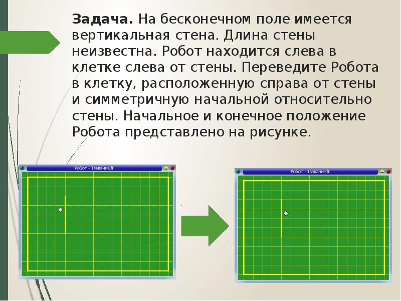 На бесконечном поле имеется стена. На бесконечном поле имеется вертикальная стена. На бесконечном поле имеется вертикальная стена длина стены. Исполнитель робот поле. На бесконечном поле имеются две вертикальные стены.