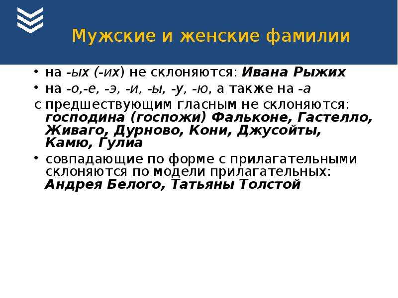 Предшествующей гласной. Женские фамилии не склоняются. Фамилии женские и мужские. Мужские фамилии склоняются а женские нет. Не склоняющиеся фамилии.