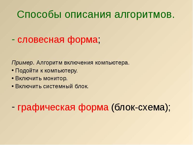 Алгоритм включения. Алгоритм включения компьютера. Пример метода описания. По способу описания.